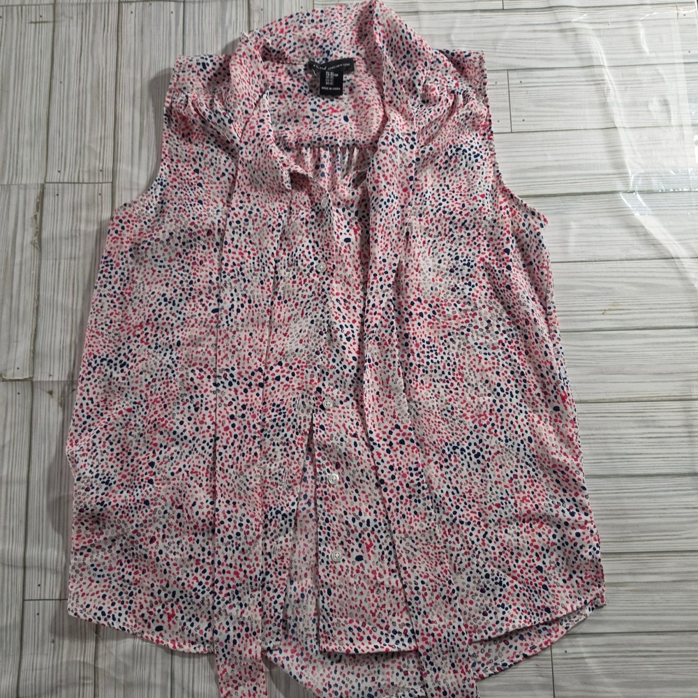 Jones New York Sleeveless Tie Neck Blouse Pink Blue Abstract Dot Print XS